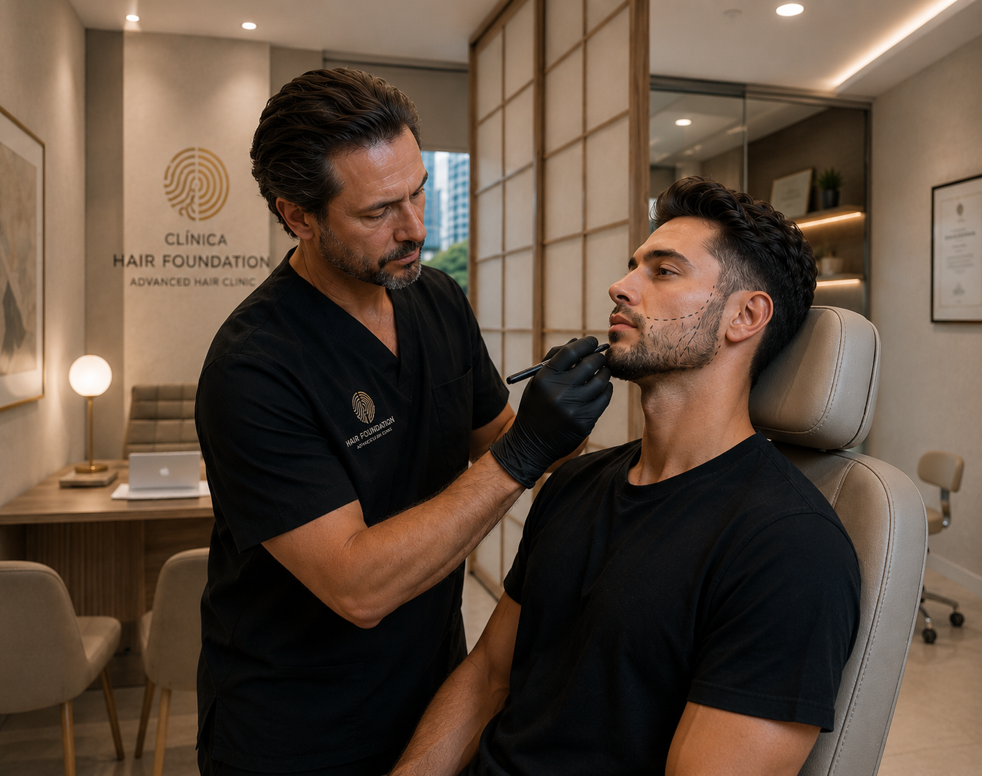 Dr. Gómez diseñando trasplante de barba